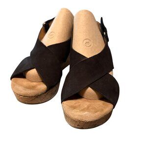 Clarks Women's Sandals Artisan Black Wedge Suede 3" Cork Platform Sz 8 Boho Y2K